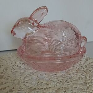 Vintage Inspired Pink Glass Bunny Dish In The Style Of Hen On Nest